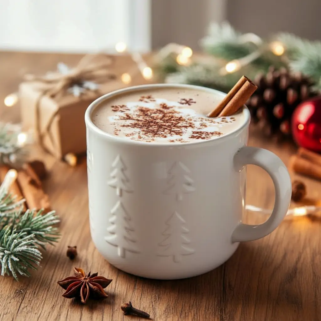 A cozy mug of Christmas chai topped with whipped cream and warm spices, styled for snowy mornings and perfect for lovers of Warm Tea Drink, Festive Drink Recipes, Gingerbread Chai Tea Latte, Christmas Chai Latte Recipe, Christmas Chai Tea Recipe, Holiday Coffee Ideas, How To Make Festive Lattes, Warm Winter Chai Tea, and Christmas Teas.