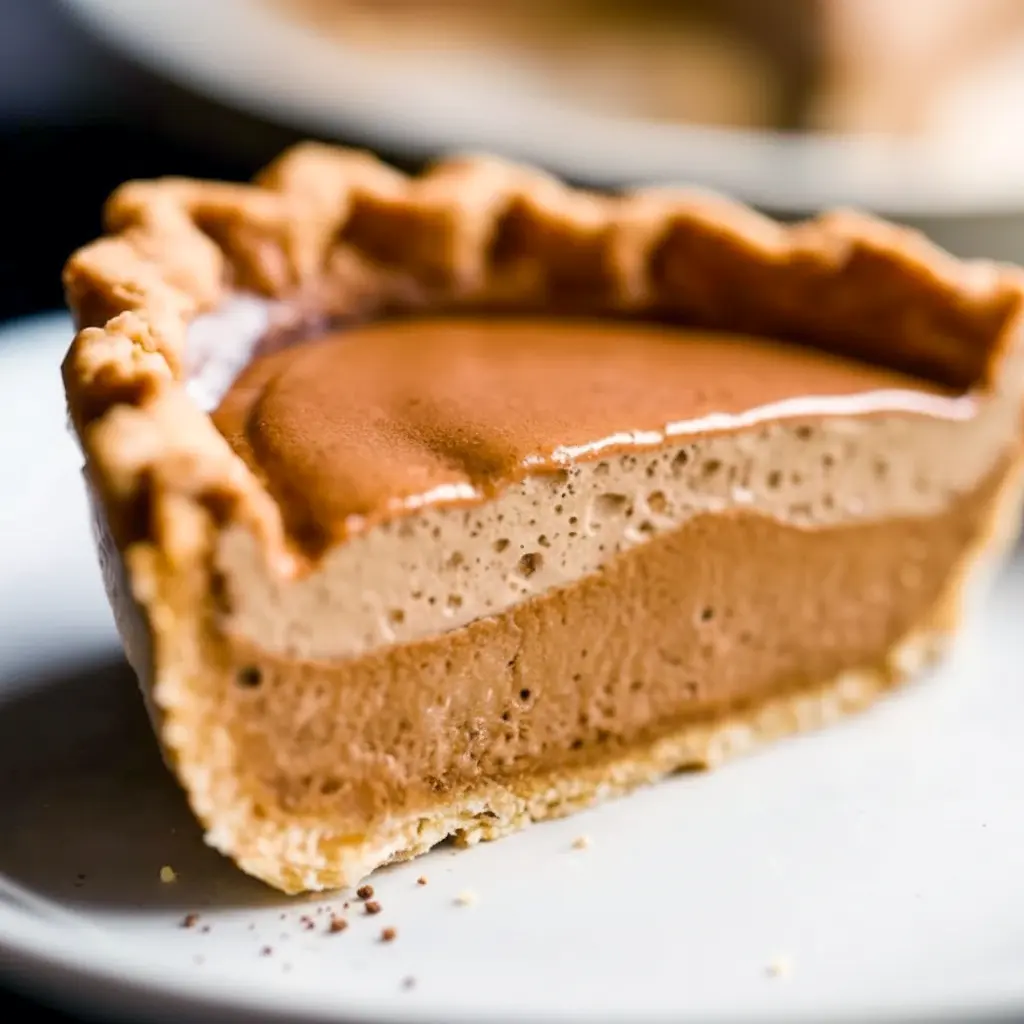 Slice of espresso custard pie on a rustic plate, glossy filling and graham crust — a lovely Gala Pie centerpiece with warm spice notes like a Chai Custard, and a great example of Pies Recipes Easy for autumn gatherings.