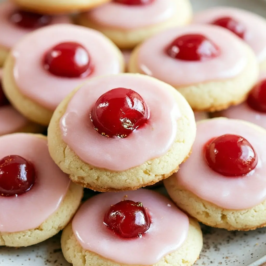 Stack of almond cherry cookies with glossy candied cherries and sliced toasted almonds on a festive plate, close-up showing crumbly texture and holiday sparkle, Almond Cherry Cookies Recipe.