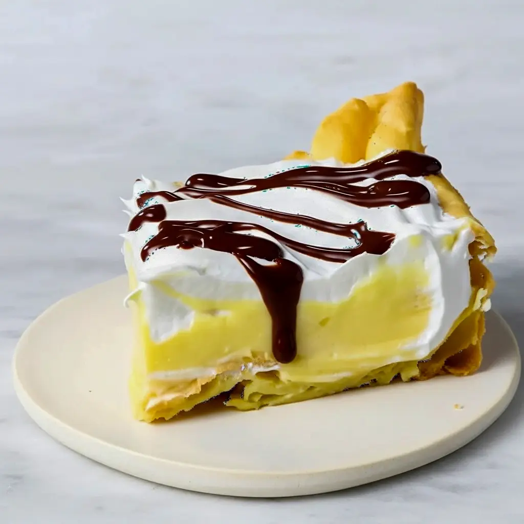 Golden cream puff cake with airy layers, silky vanilla filling, and a rich chocolate drizzle on a cozy autumn table setting, a Must Try Desserts.