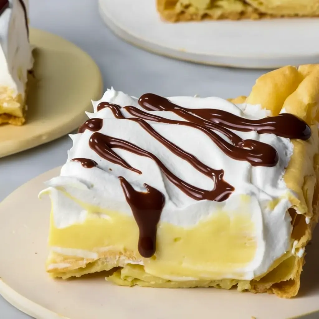 Golden cream puff cake with airy layers, silky vanilla filling, and a rich chocolate drizzle on a cozy autumn table setting, a Must Try Desserts.