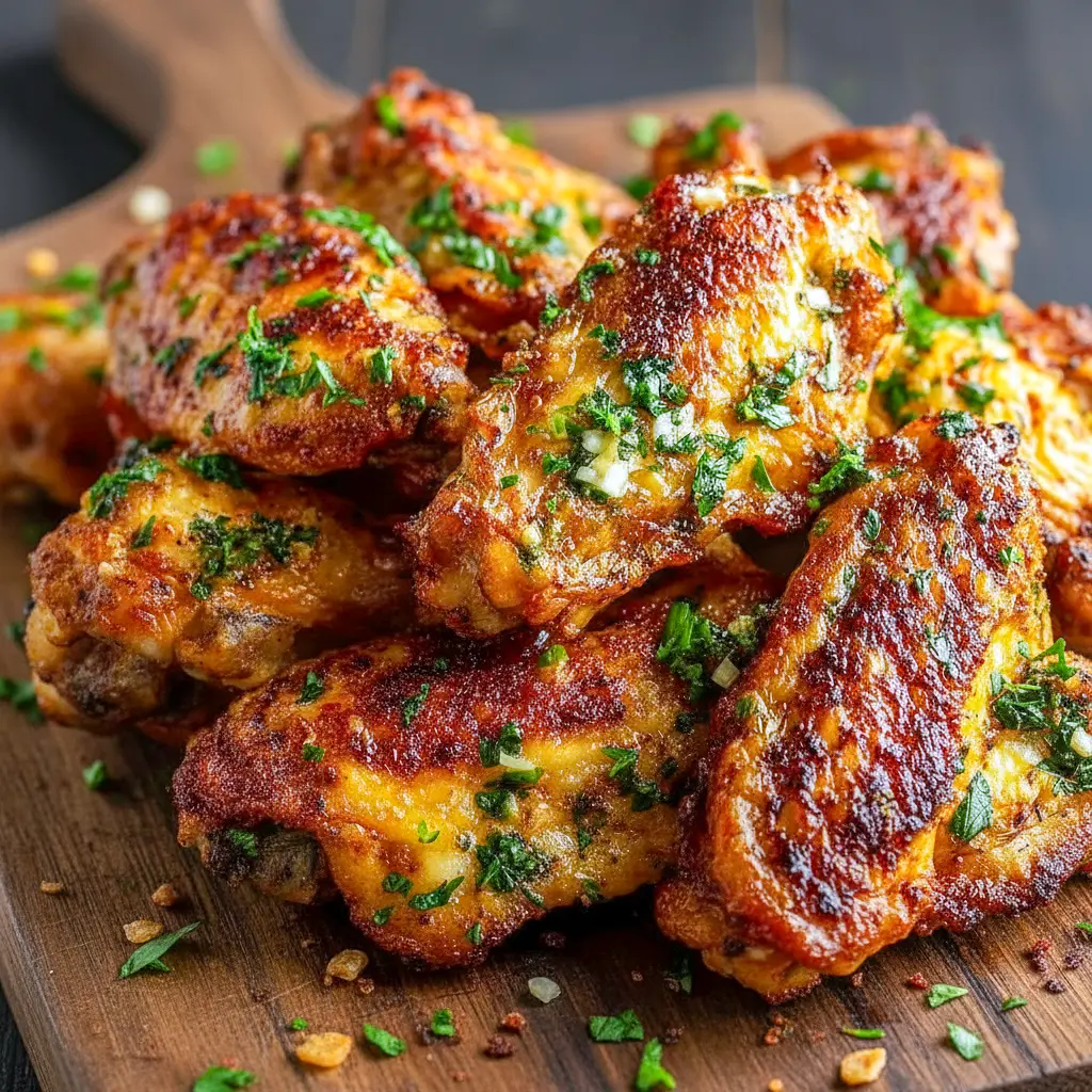 Golden, crispy Cajun-garlic chicken wings tossed in garlic butter, garnished with parsley and served with celery sticks and dipping sauce.