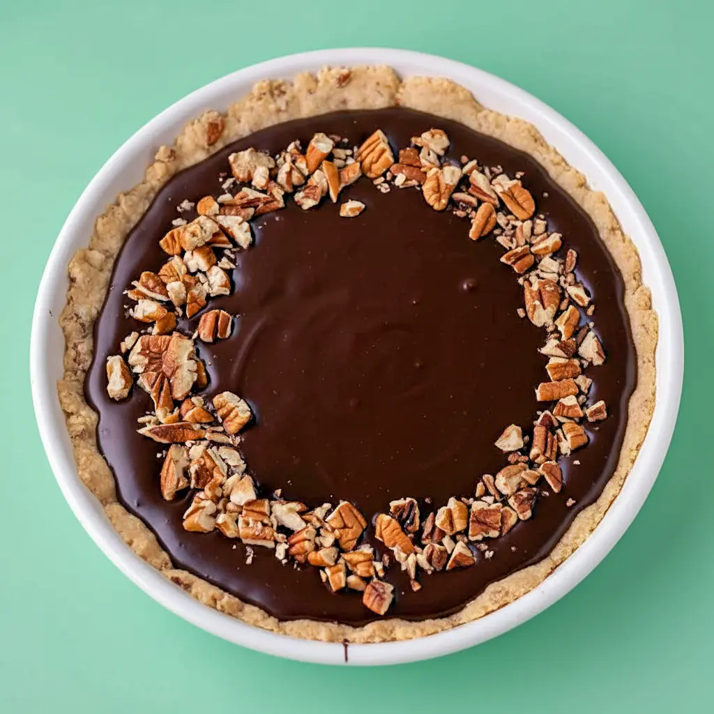 Close-up of a slice of Chocolate Turtle Pie showing glossy chocolate ganache, a brown-sugar caramel layer and a pecan-cookie crust.