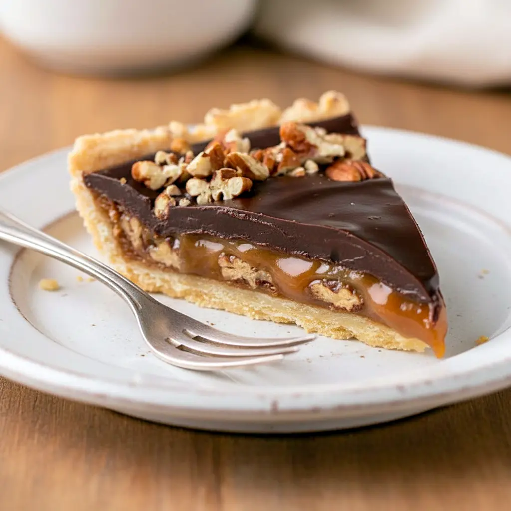Close-up of a slice of Chocolate Turtle Pie showing glossy chocolate ganache, a brown-sugar caramel layer and a pecan-cookie crust.