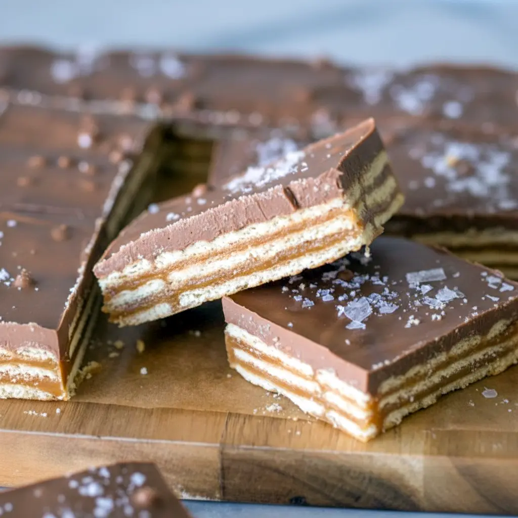 Overhead shot of Salt River Bars stacked on a board, featuring layers of caramel, crackers, and chocolate, styled like Milk Chocolate Ritz Bars and Salt River Bar Cookies, showcasing this Salt River Bars Recipe as a twist on Ritz Bars and a simple Salteen Cracker Dessert, perfect for fans of Saltine Dessert Recipes, beautifully arranged like Chocolate Candy Bars On Tray with a hint of Sweet & Salty S'mores Bars inspiration.
