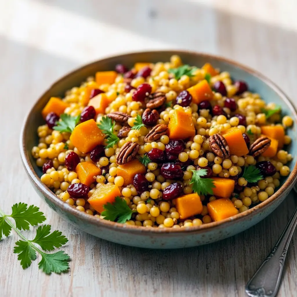 Roasted butternut squash, pearl couscous, cranberries and pecans tossed in a maple-Dijon vinaigrette, served in a white bowl, Fall Couscous Recipes.