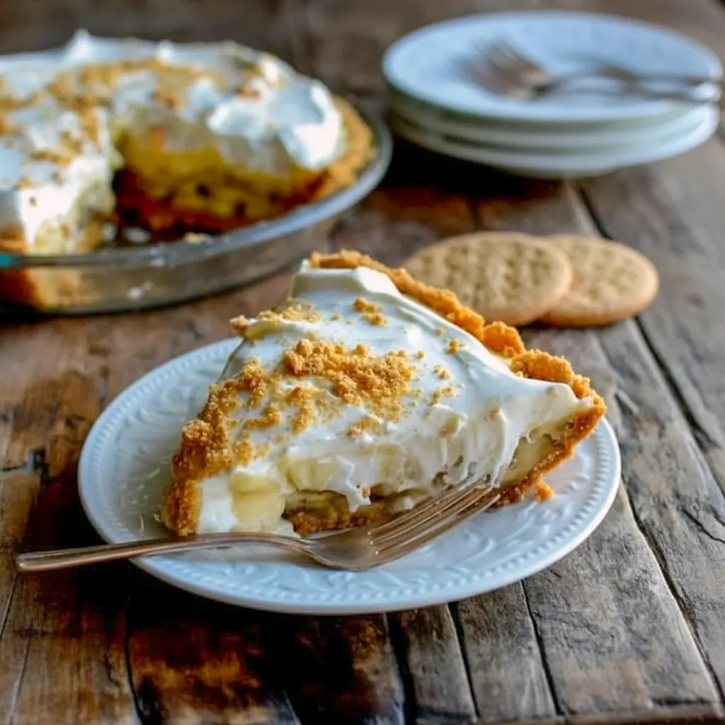 Slice of bourbon banana cream pie on a white plate, showing layers of golden cookie crust, banana slices, creamy custard, and a cloud of whipped cream with cookie crumb garnish, Dinner Desserts.