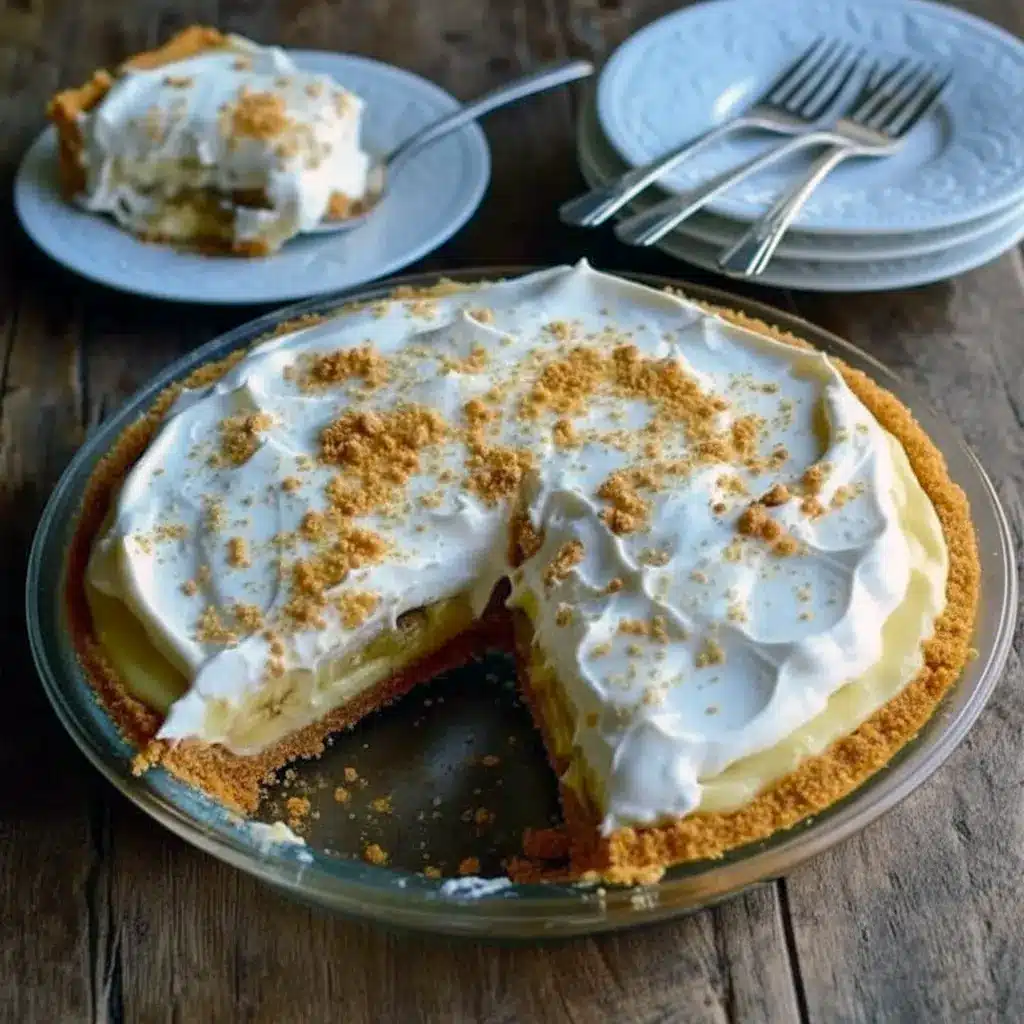 Slice of bourbon banana cream pie on a white plate, showing layers of golden cookie crust, banana slices, creamy custard, and a cloud of whipped cream with cookie crumb garnish, Dinner Desserts.
