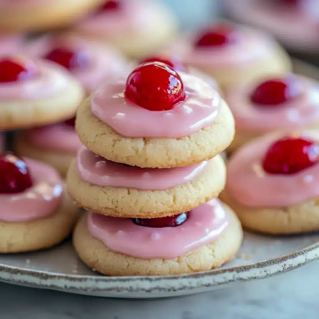 Plate of glazed cherry almond cookies with visible cherry pieces and red sugar, arranged on a holiday napkin.