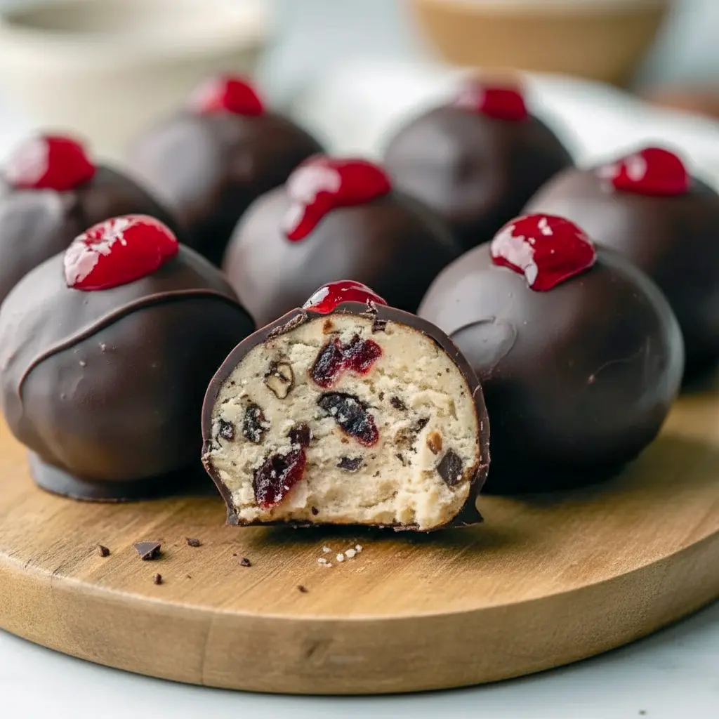 Close-up of powdered-sugar–coated cherry-chocolate balls arranged on a festive holiday platter, Christmas Candy Recipes.