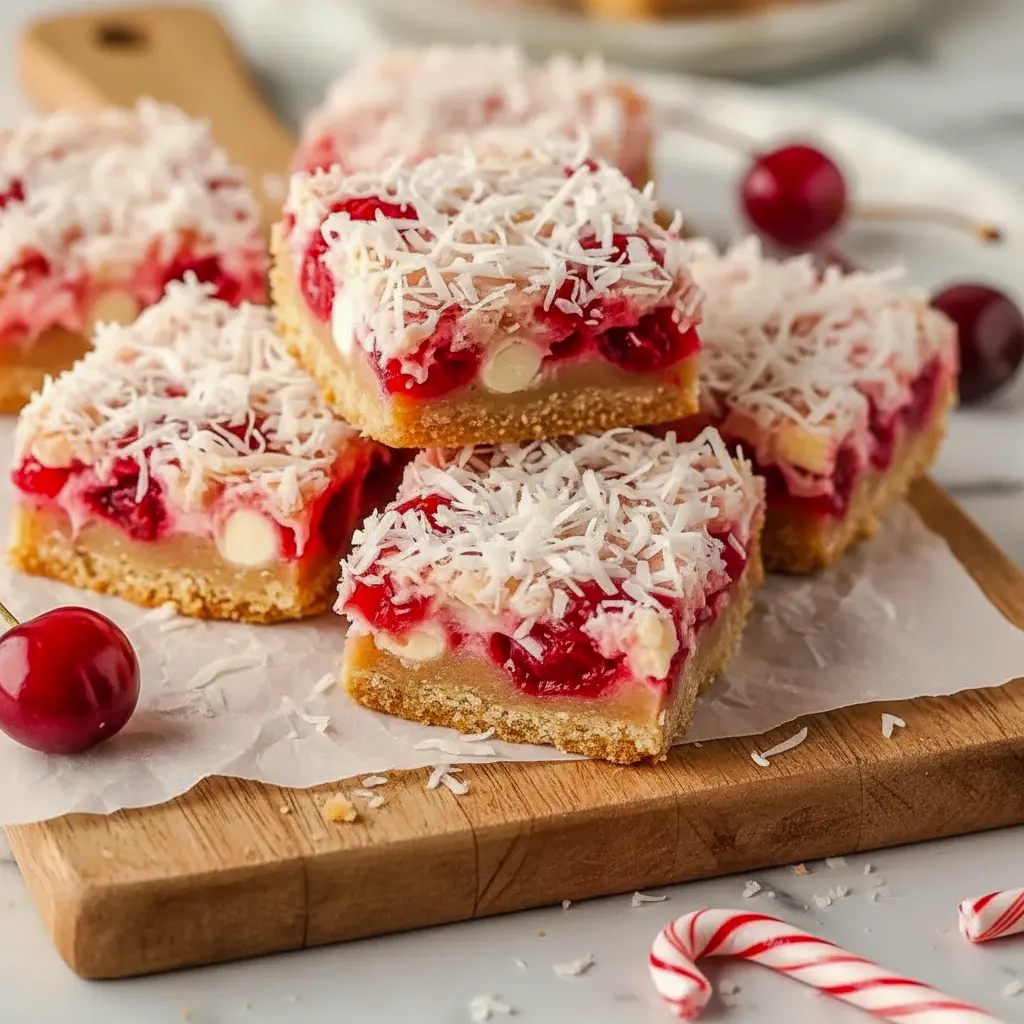 Tray of golden Cherry Coconut Bars with visible cherries and shredded coconut, styled on a wooden board — ideal Cherry Chews Recipe for bake sales, a plate of Cherry Nut Bars and Cherry Dream Bars, pictured as a Cherry Dream Squares Recipe and easy Cherry Chews to grab; also works as a Coconut Chewies Recipe, classic Cherry Magic Bars, or Cherry Coconut Squares Recipe.