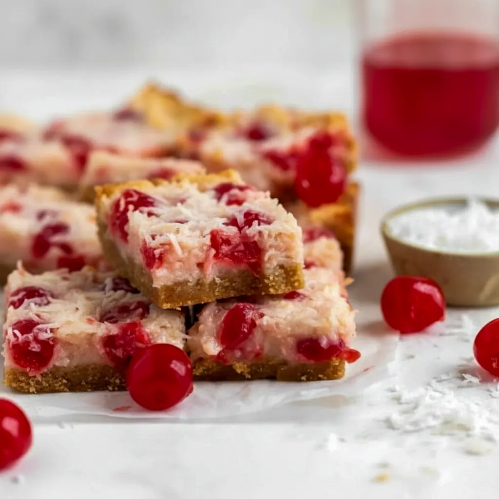 Close-up of chilled cherry-coconut bars on a parchment-lined tray — toasted coconut, glossy cherry pieces, and a golden graham crust, Cherry Coconut Bars Recipe.