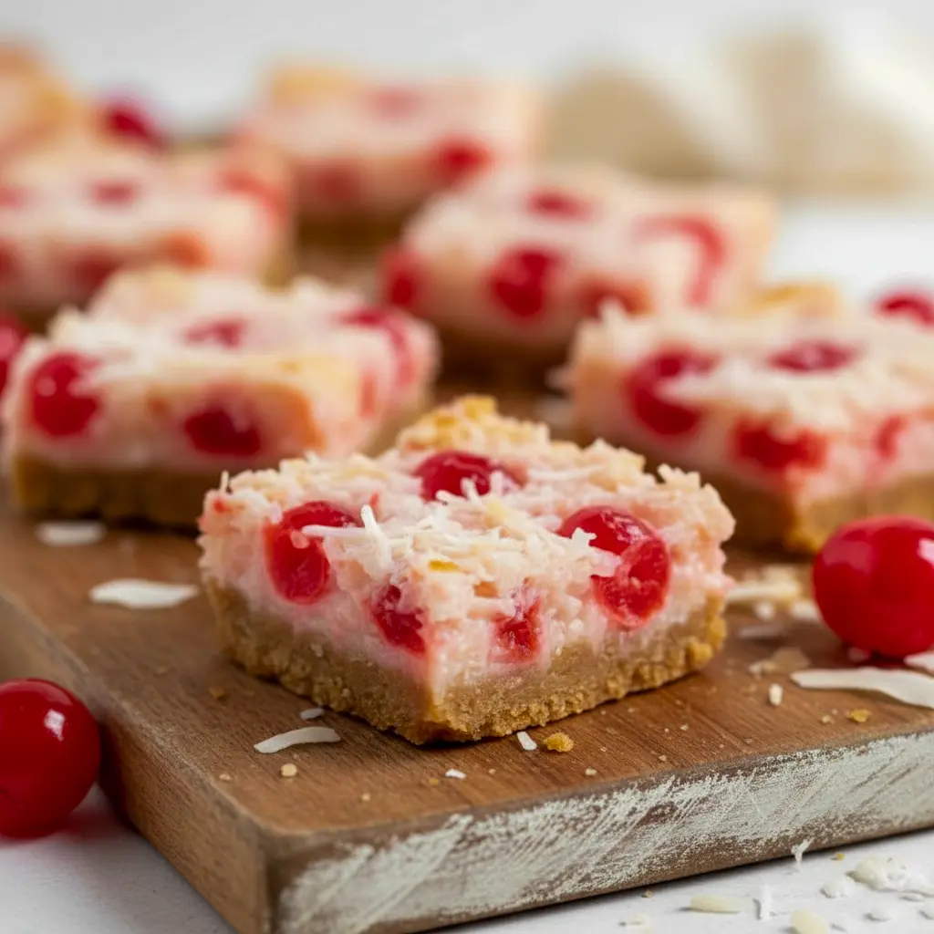 Close-up of chilled cherry-coconut bars on a parchment-lined tray — toasted coconut, glossy cherry pieces, and a golden graham crust, Cherry Coconut Bars Recipe.