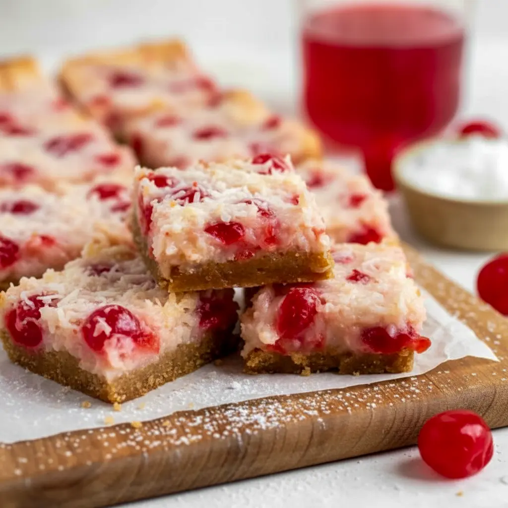 Close-up of chilled cherry-coconut bars on a parchment-lined tray — toasted coconut, glossy cherry pieces, and a golden graham crust, Cherry Coconut Bars Recipe.