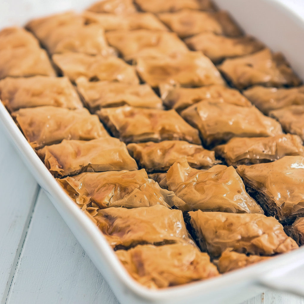 Traditional Baklava Recipe slice on a white plate — golden layers, syrup sheen, and a crunchy nut topping that evokes Honey Walnut Baklava; perfect Baklava Recipe Walnut inspiration for a rustic Dessert Bar, or to bake as Baklava With Walnuts In A Pan for holidays, and a beautiful take on Greek Baklava using the Best Honey For Baklava.