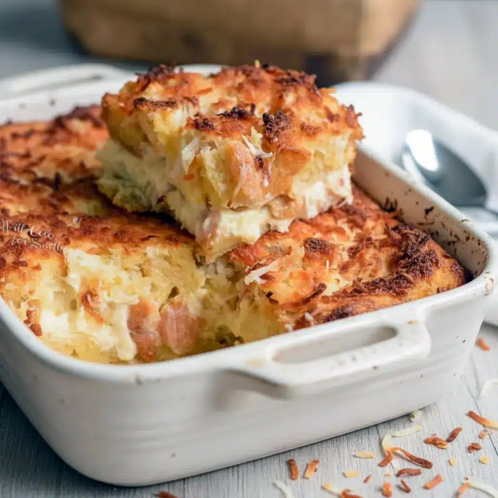 Warm slice of coconut cheesecake bread pudding topped with toasted coconut.