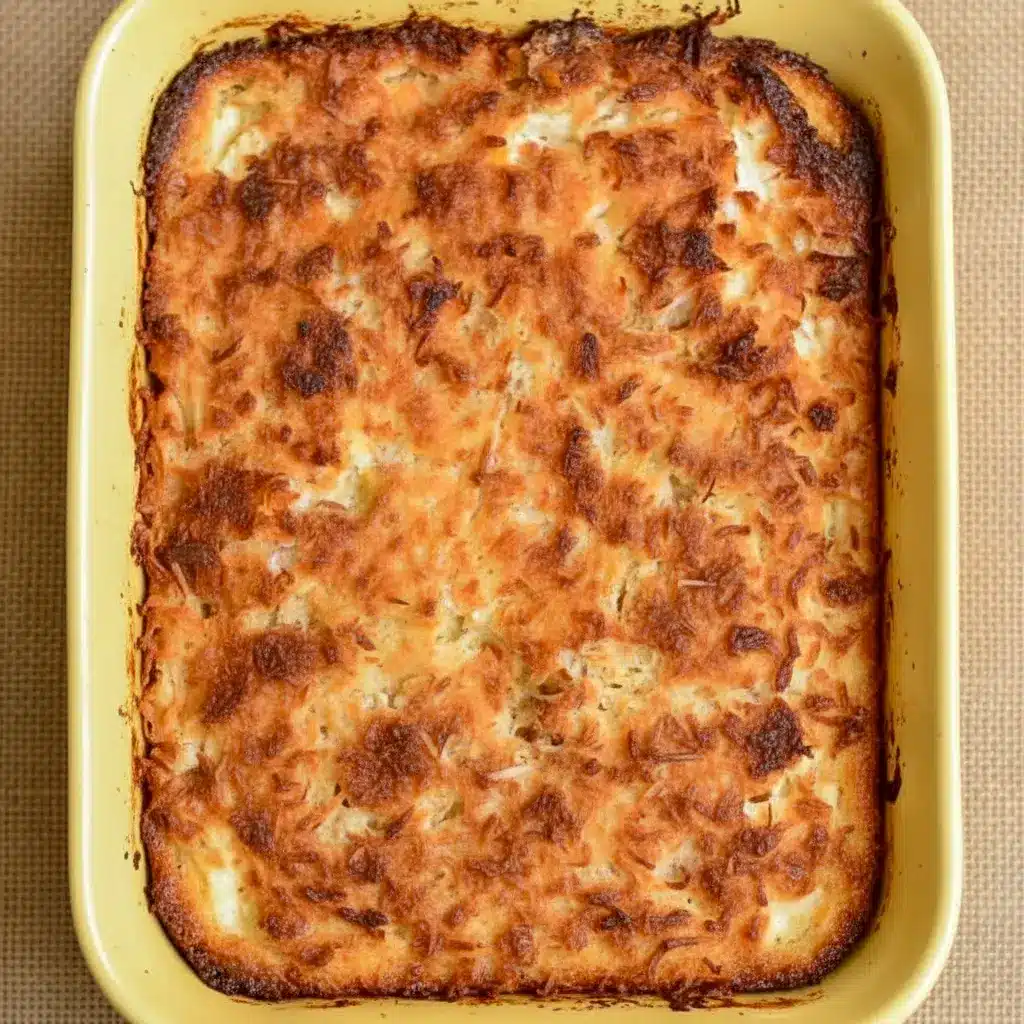 Warm slice of coconut cheesecake bread pudding topped with toasted coconut.