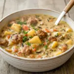 Creamy sausage and potato chowder in a bowl, topped with melted cheddar and chopped parsley — hearty, cozy dinner bowl.