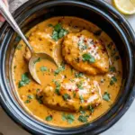 A bowl of Peanut Chicken made in a Crock Pot Slow Cooker, topped with crushed peanuts and cilantro, served over jasmine rice — an easy and delicious Thai-inspired weeknight meal.