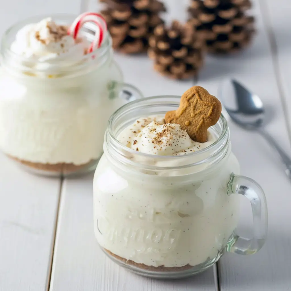 Eggnog Mousse Recipe: creamy eggnog mousse in a mason jar topped with gingerbread streusel and a light dusting of nutmeg.