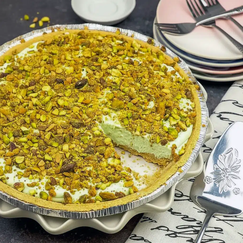 A creamy slice of Easy Pistachio Cream Pie topped with whipped cream and crushed pistachios, sitting on a graham cracker crust—an irresistible no-bake Pistachio Dessert perfect for holidays and summer parties.