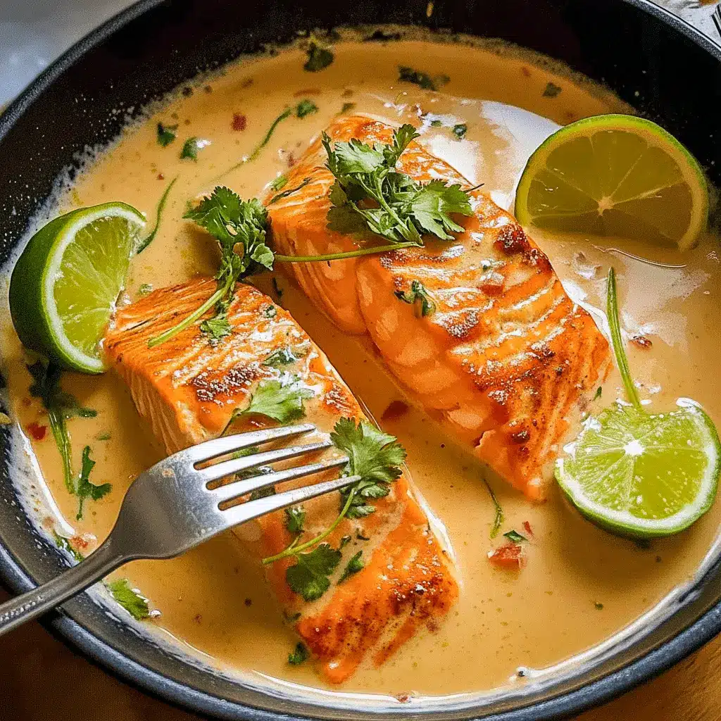 Salmon And Lime Recipes — poached salmon fillet in creamy coconut-lime sauce, garnished with cilantro and a lime wedge, served over jasmine rice.