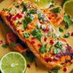 Salmon And Lime Recipes — poached salmon fillet in creamy coconut-lime sauce, garnished with cilantro and a lime wedge, served over jasmine rice.