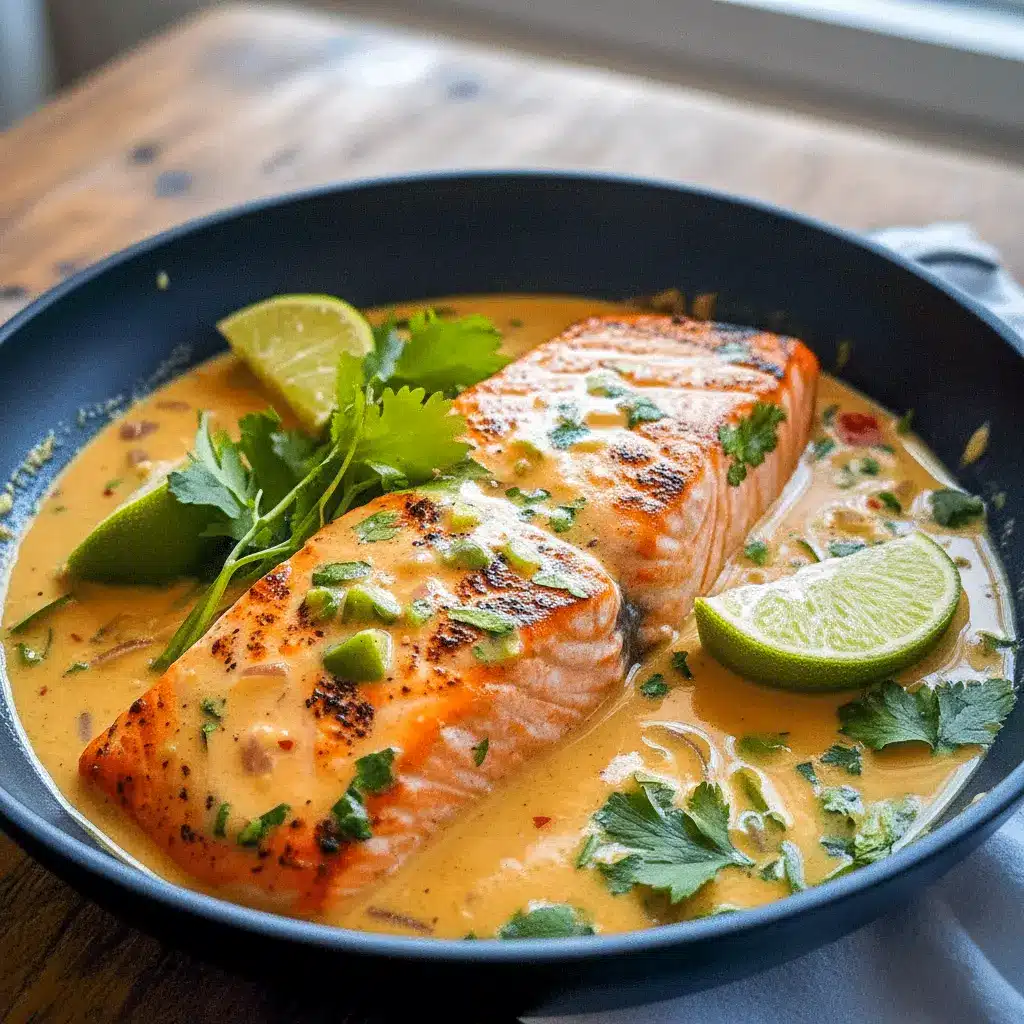Salmon And Lime Recipes — poached salmon fillet in creamy coconut-lime sauce, garnished with cilantro and a lime wedge, served over jasmine rice.