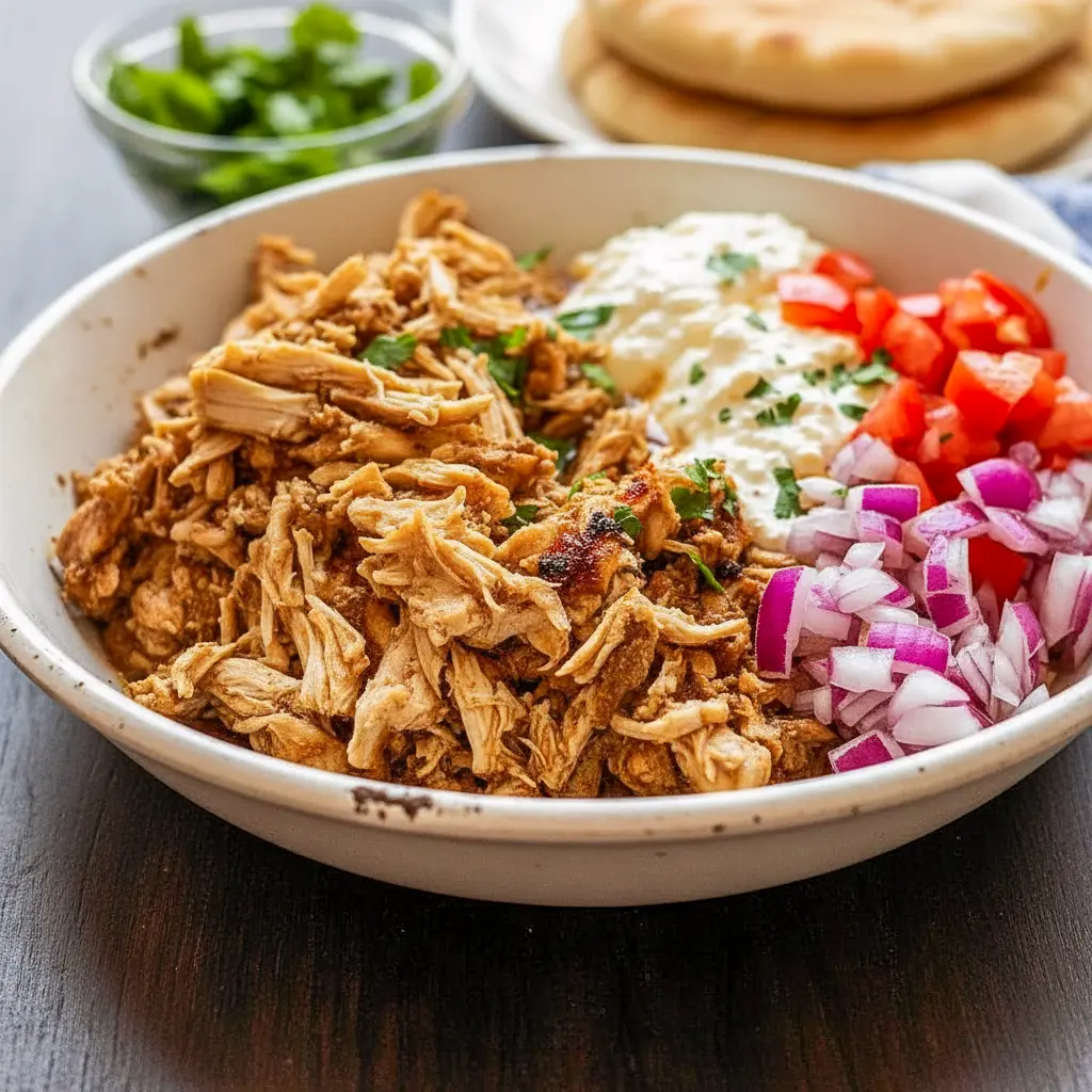 Pita piled with shredded Crockpot Chicken Schwarma Recipes, yogurt sauce, and herbs — a simple, healthy crowd-pleaser great for Crockpot Diet Recipes, Slow Cooker Chicken Swarma.
