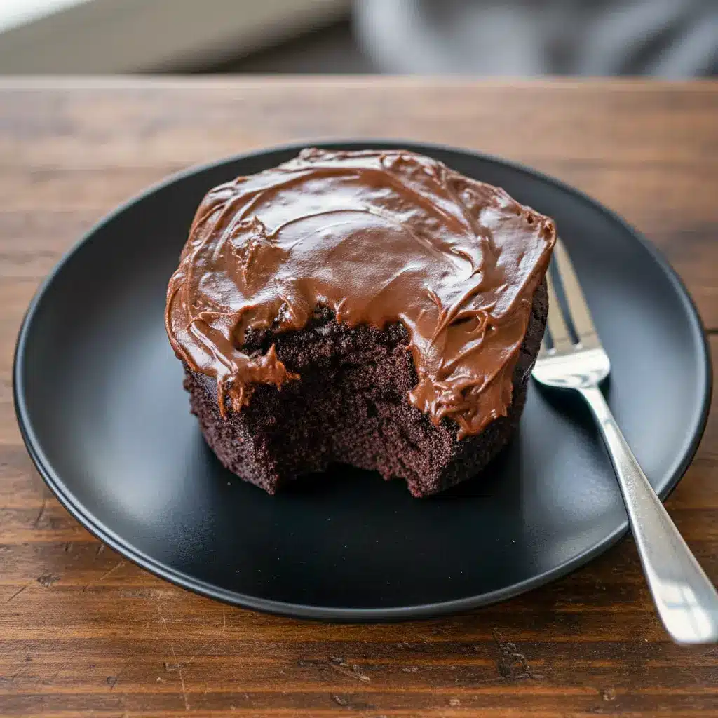 Fudgy chocolate mug cake in a white mug, spoon scooping a warm, gooey center (topped with a small dollop of whipped cream), Quick Chocolate Mug Cake.