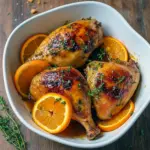 Golden roasted chicken thighs with a shiny orange glaze, thin orange slices and thyme garnish, served on a white platter with roasted vegetables and a spoonful of pan sauce.