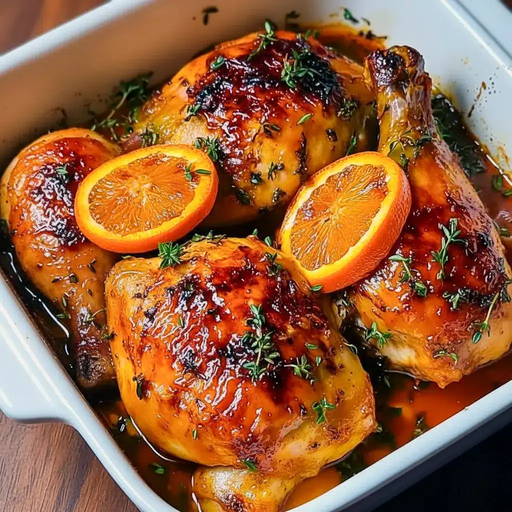 Golden roasted chicken thighs with a shiny orange glaze, thin orange slices and thyme garnish, served on a white platter with roasted vegetables and a spoonful of pan sauce, Roasted Orange Chicken.