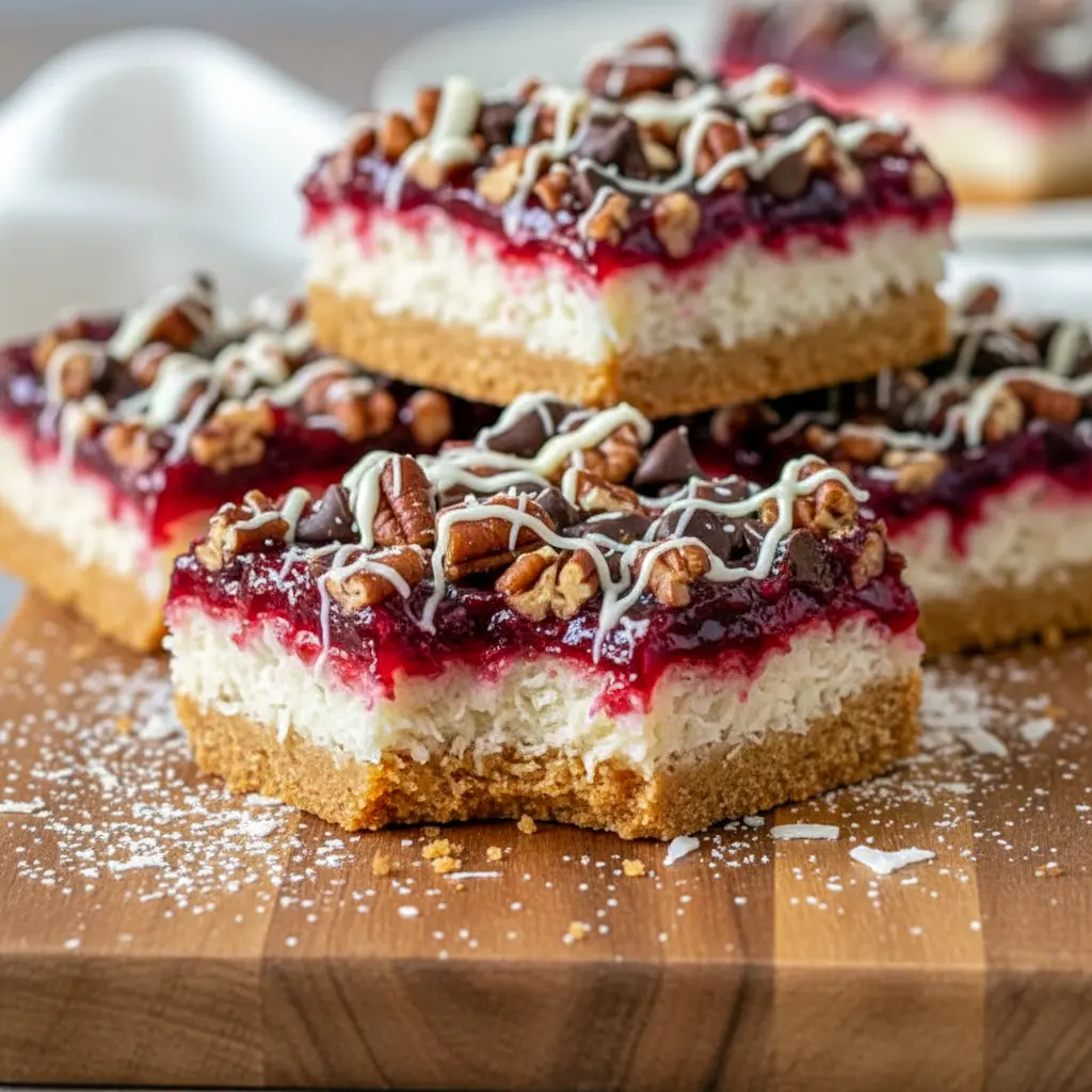 Golden coconut-raspberry squares drizzled with chocolate — ideal Easter Goodies Homemade, Raspberry Bar Cookies Recipes, Valentine Bars Desserts, and Easter Coconut Desserts, Spring Dessert Bars.