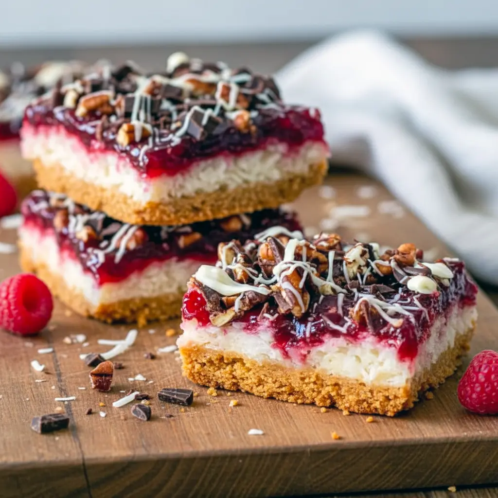 Golden coconut-raspberry squares drizzled with chocolate — ideal Easter Goodies Homemade, Raspberry Bar Cookies Recipes, Valentine Bars Desserts, and Easter Coconut Desserts.
