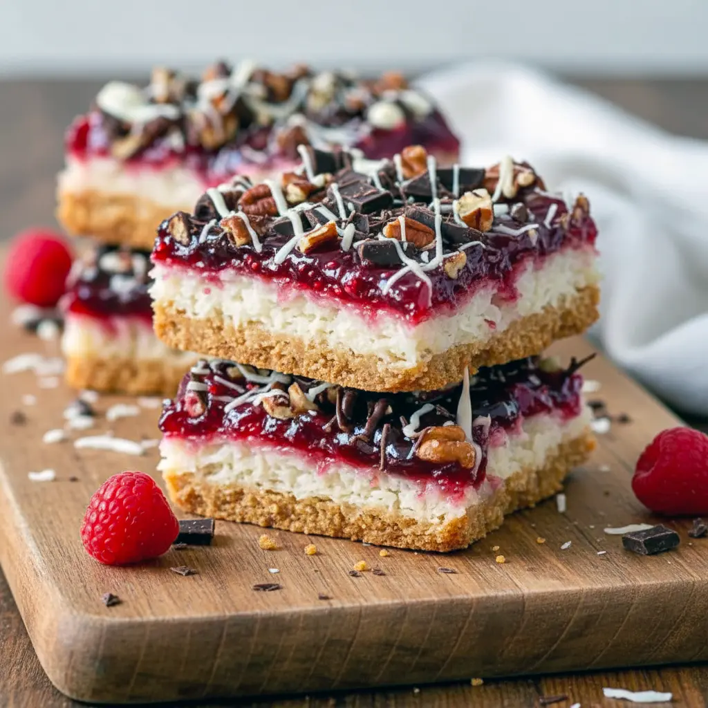 Golden coconut-raspberry squares drizzled with chocolate — ideal Easter Goodies Homemade, Raspberry Bar Cookies Recipes, Valentine Bars Desserts, and Easter Coconut Desserts.