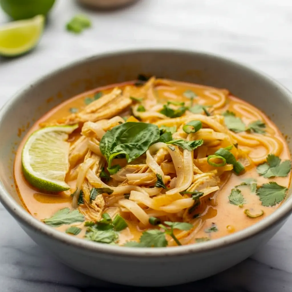 Bowl of creamy Easy Thai Chicken Curry Soup filled with noodles, tender chicken, herbs, and coconut-curry broth, perfect for fans of Easy Thai Soup Dinner Ideas, Thai Ginger Chicken Soup, Easy Thai Soup, Salt And Lavender Thai Chicken Soup, Easy Thai Chicken Curry Soup Salt And Lavender, flavorful Thai Soup Recipes Easy, cozy Ginger-spice Chicken Soup, and vibrant Thai Curry Soup Recipes.