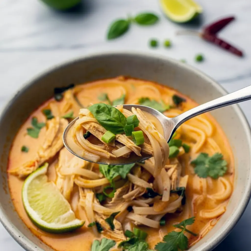 Bowl of creamy Easy Thai Chicken Curry Soup filled with noodles, tender chicken, herbs, and coconut-curry broth, perfect for fans of Easy Thai Soup Dinner Ideas, Thai Ginger Chicken Soup, Easy Thai Soup, Salt And Lavender Thai Chicken Soup, Easy Thai Chicken Curry Soup Salt And Lavender, flavorful Thai Soup Recipes Easy, cozy Ginger-spice Chicken Soup, and vibrant Thai Curry Soup Recipes.