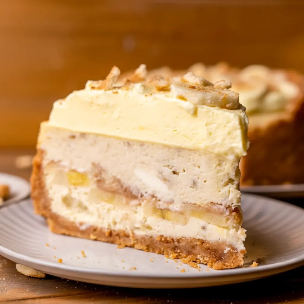 Slice of banana-pudding–style cheesecake topped with whipped vanilla pudding and crushed vanilla wafer crumbs, Banana Pudding Cheesecake.