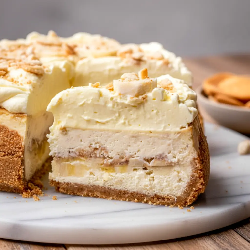 Slice of banana-pudding–style cheesecake topped with whipped vanilla pudding and crushed vanilla wafer crumbs, Banana Pudding Cheesecake.