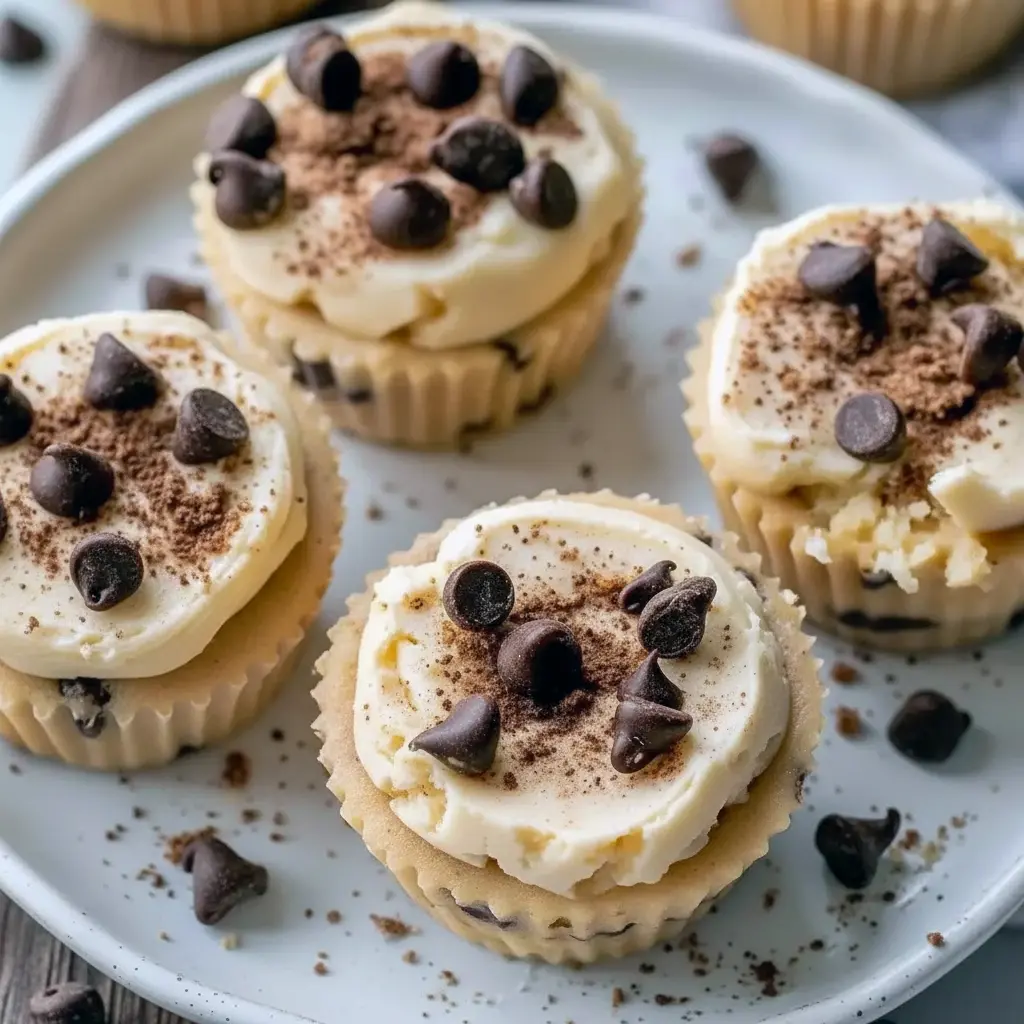 Close-up of frozen cookie-dough cups made with Greek yogurt, studded with mini chocolate chips and sprinkled with chopped pistachios, arranged on a marble surface, High Protein Cookie Dough Greek Yogurt.
