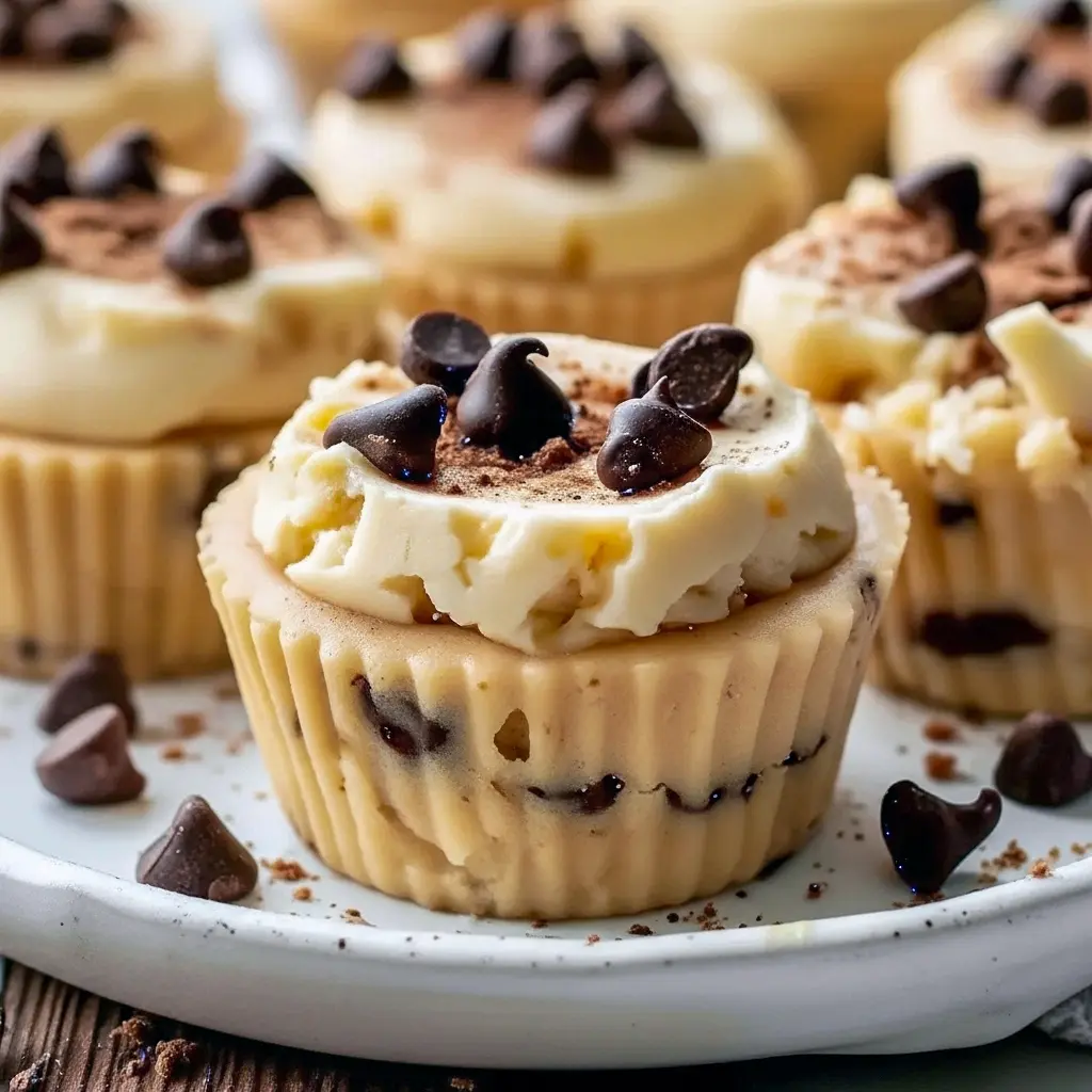Close-up of frozen cookie-dough cups made with Greek yogurt, studded with mini chocolate chips and sprinkled with chopped pistachios, arranged on a marble surface.