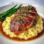 Christmas Chicken Breast Recipes idea, Pan-seared chicken breasts coated in a glossy garlic cream sauce, garnished with chopped parsley and lemon wedges, plated beside mashed potatoes.