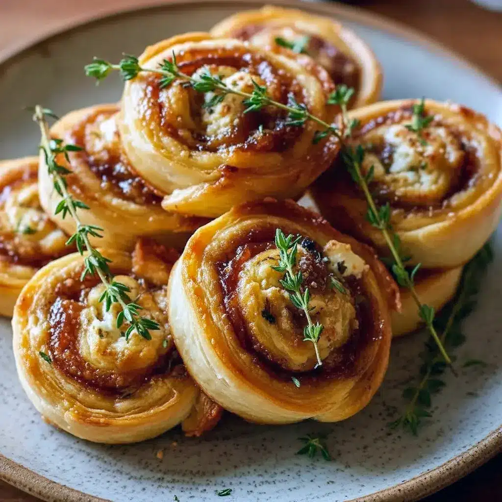 Close-up of golden pinwheels with fig jam and goat cheese on parchment, styled for a seasonal spread; ideal for Fall Veggie Appetizers, creative Savory Chocolate Appetizers pairings, elegant New Year's Eve Food Ideas, and hearty Vegetarian Party Food Ideas, Christmas Appetizers With Puff Pastry.