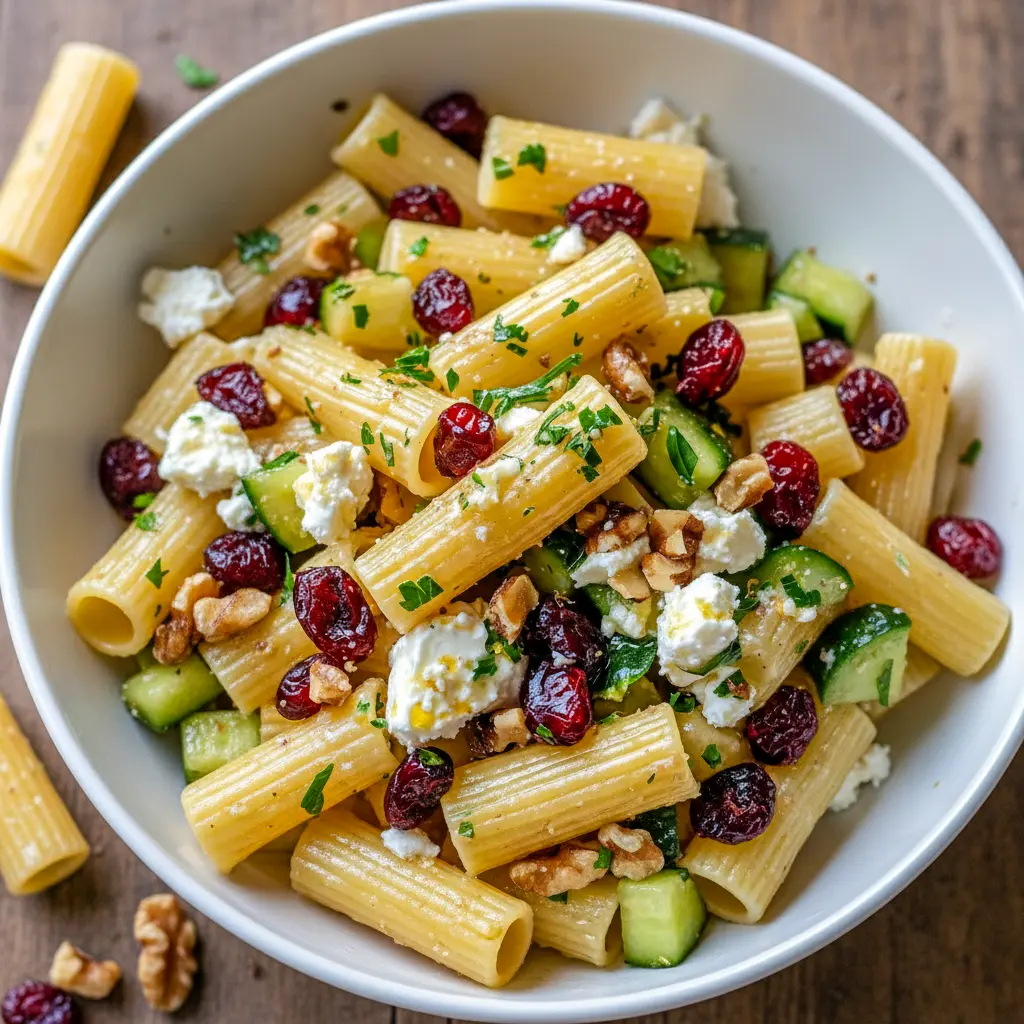 A bright bowl of Cranberry Feta Pasta Salad featuring rigatoni, feta, cranberries, and lemon vinaigrette — a refreshing option for Best Cold Dinner Ideas or Pasta Salad Appetizers.