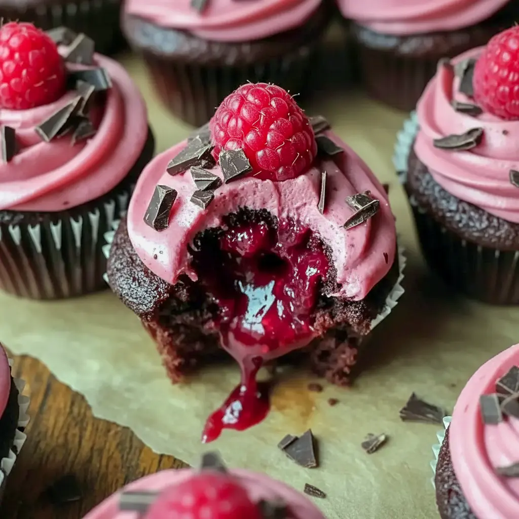 Molten raspberry-filled chocolate cupcakes topped with raspberry buttercream and a fresh raspberry, ideal for Valentines Dessert Ideas Fancy, decorated to inspire Chocolate Cupcake Decorations Ideas, perfect for fans of Desserts Raspberry, beautifully styled as Desserts Unique, great for Raspberry Cupcake Ideas, a stunning example of Cupcake Recipes Raspberry, resembling elegant Chocolate Berry Cupcakes, showcasing How To Make Chocolate Raspberry Cupcakes, and finished like Chocolate Cupcakes With Raspberry Sauce.