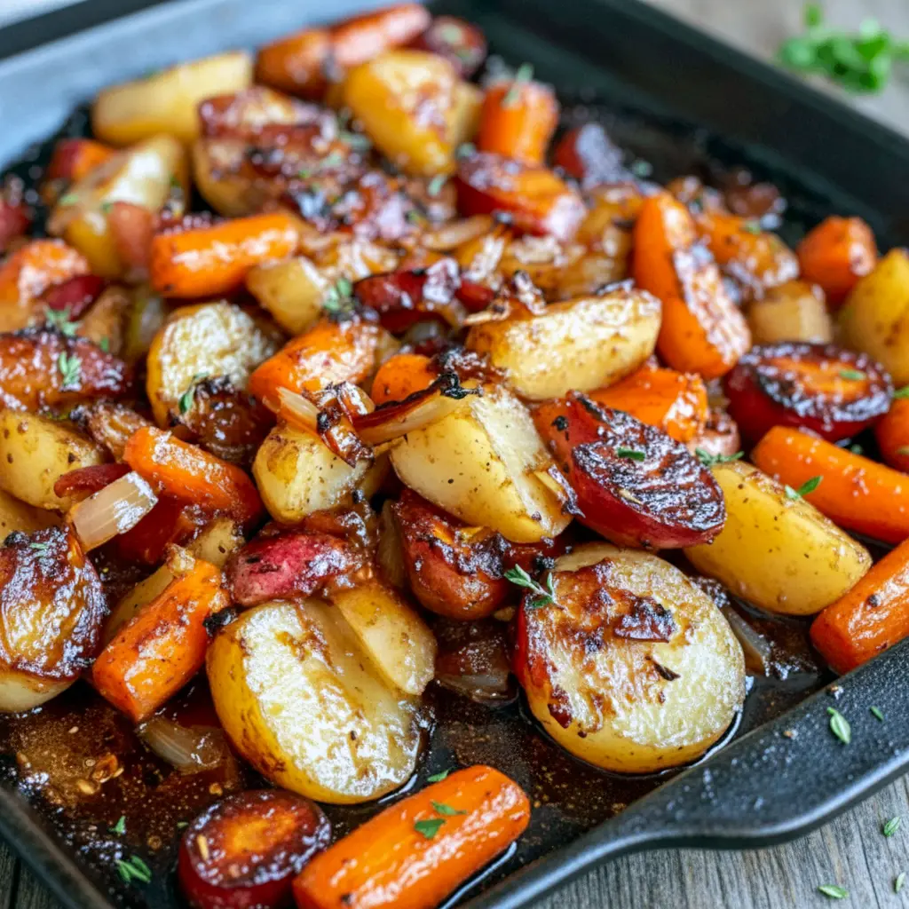 Close-up of glossy roasted apple and carrot slices on a platter, golden and caramelized — perfect Thanksgiving Dish, Thanksgiving Side Dish.