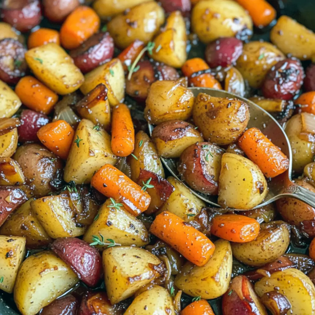 Close-up of glossy roasted apple and carrot slices on a platter, golden and caramelized — perfect Thanksgiving Dish.