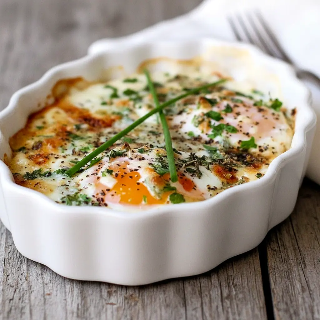 Two herbed baked eggs in ceramic ramekins with golden edges and melted Parmesan, a perfect Healthy Baked Egg Dish that can be scaled to a Baked Eggs In Casserole Dish or served as Baked Cottage Eggs; this Rustic Baked Egg Dish works as individual Baked Eggs Ramekin, ideal for a quick Little Lunch or warm Cooked Breakfast, and fits clean Breakfast Recipes Casserole and Recette Patisserie Facile menus.