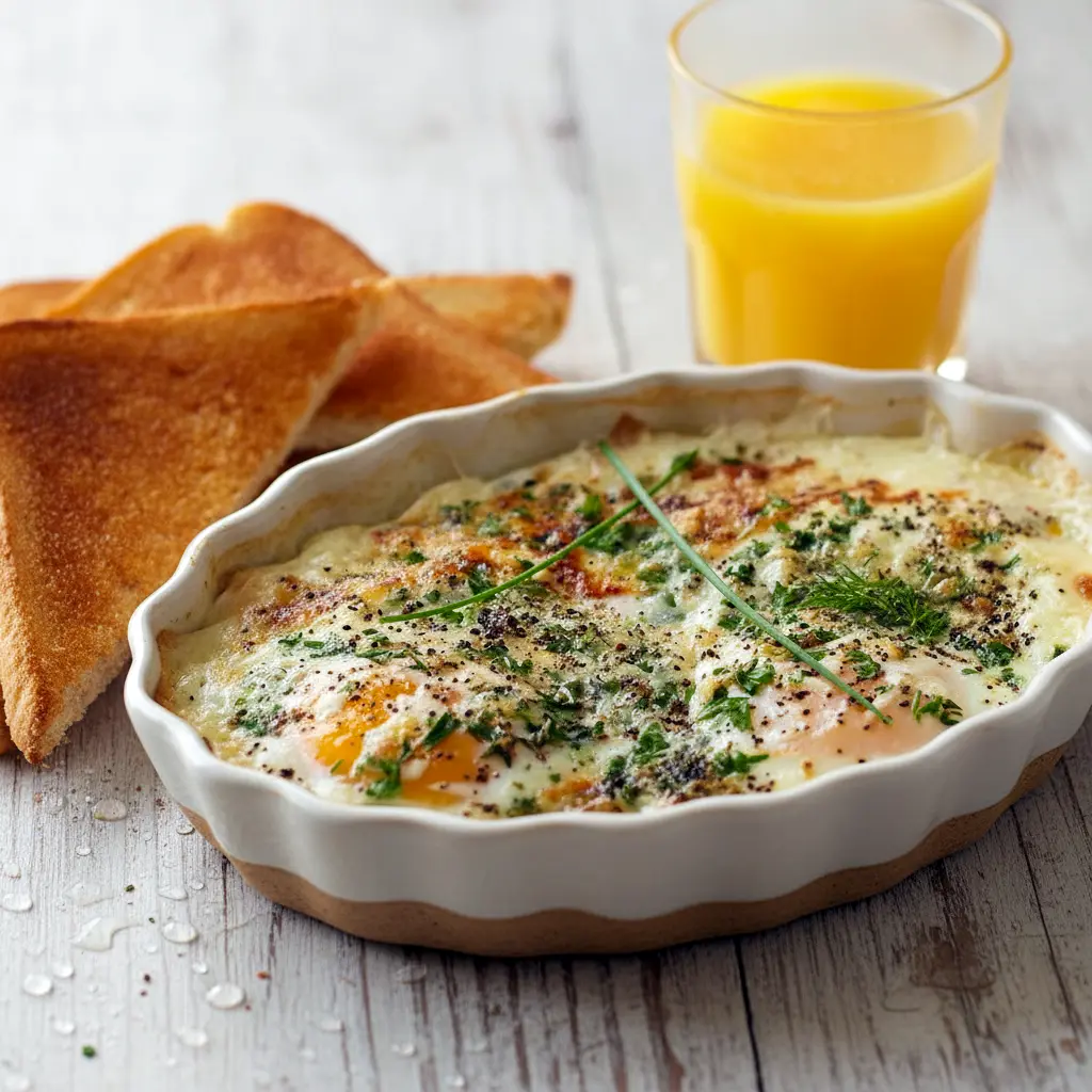 Two herbed baked eggs in ceramic ramekins with golden edges and melted Parmesan, a perfect Healthy Baked Egg Dish that can be scaled to a Baked Eggs In Casserole Dish or served as Baked Cottage Eggs; this Rustic Baked Egg Dish works as individual Baked Eggs Ramekin, ideal for a quick Little Lunch or warm Cooked Breakfast, and fits clean Breakfast Recipes Casserole and Recette Patisserie Facile menus.