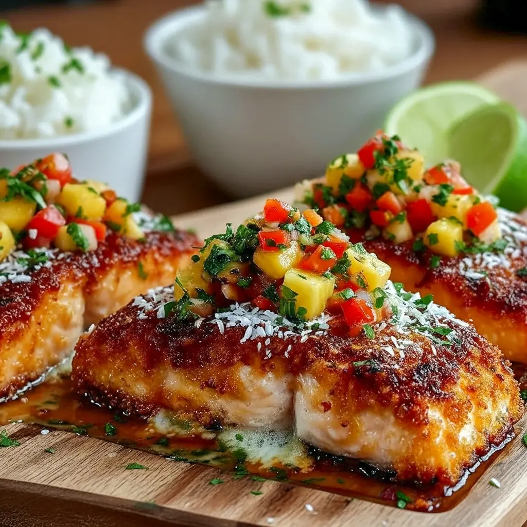 Close-up of a fillet from Salmon Recipes Pineapple collection — crisp crust and juicy fruit topping; plated like Baked Salmon With Pineapple Salsa, a photographed Salmon With Pineapple Salsa Recipe served with rice, finished with colorful Salmon With Tropical Salsa and a final spoon of Salmon With Pineapple Salsa.